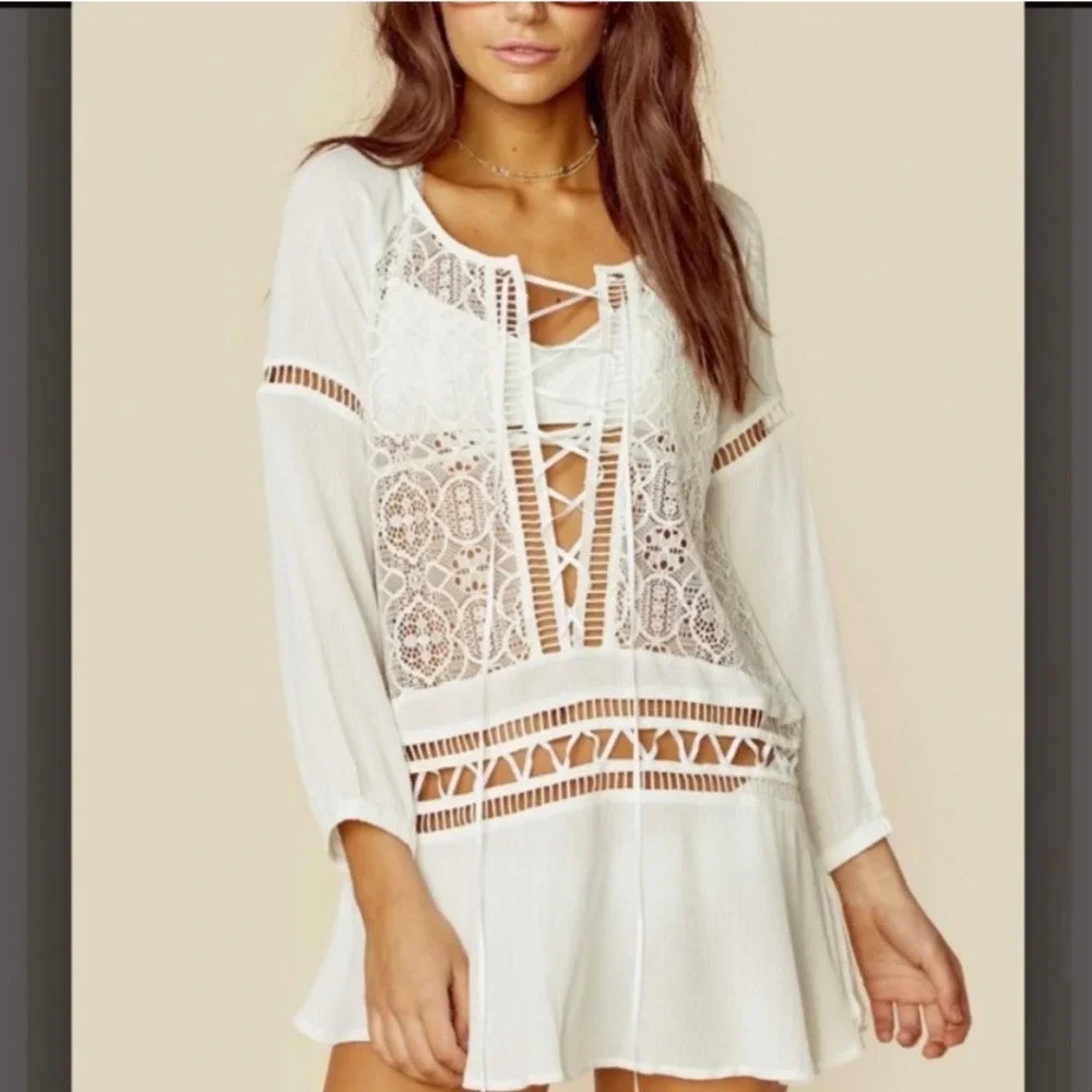For Love & Lemons Martinique Lace Swim Cover Up White Medium